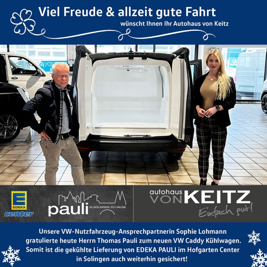 Herzlichen Glückwunsch zum neuen VW Kühlwagen an das EDEKA CENTER PAULI im Hofgarten in Solingen